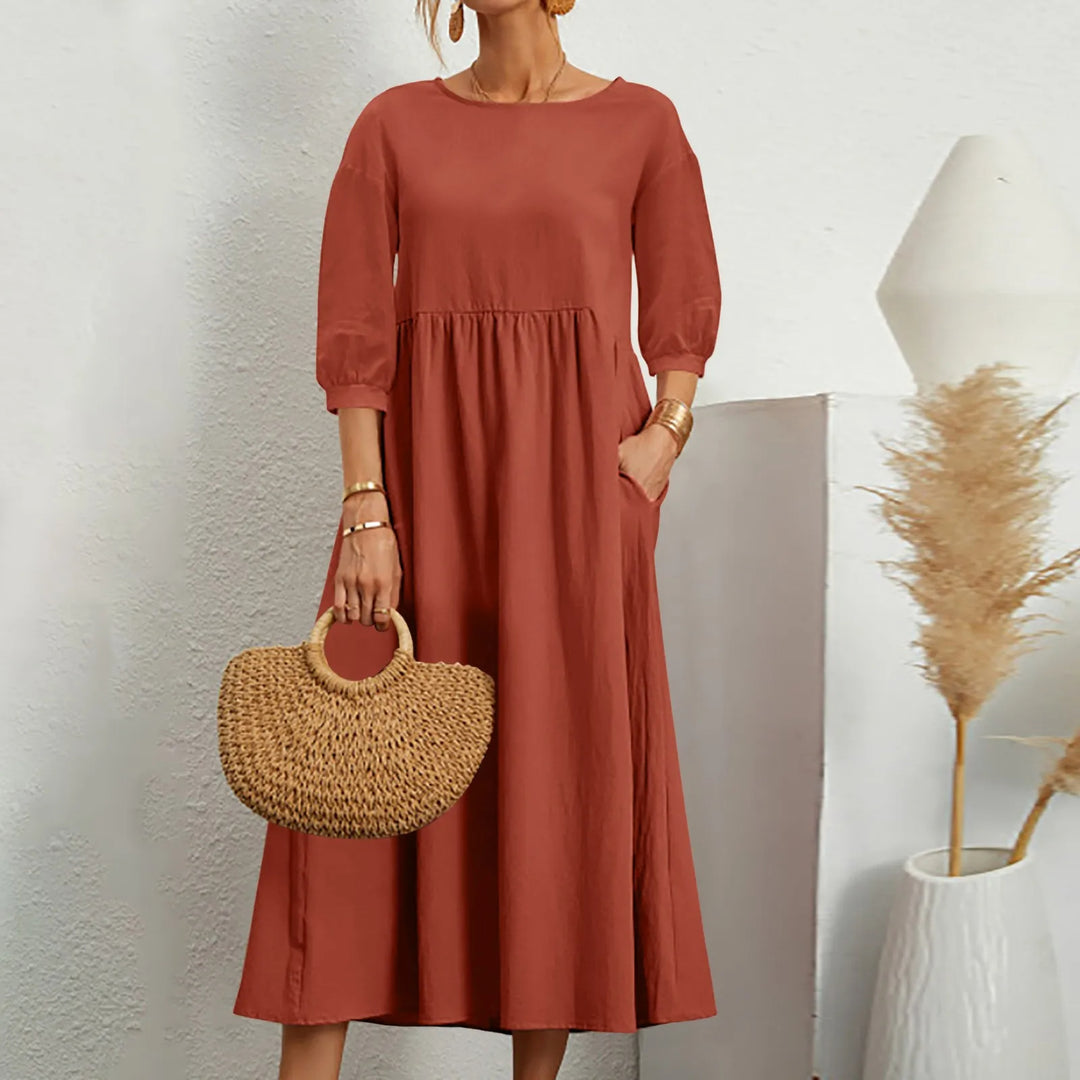 Women’s Midi Dress – Relaxed Fit – Breathable Blend – 3/4 Sleeve – Side Pockets