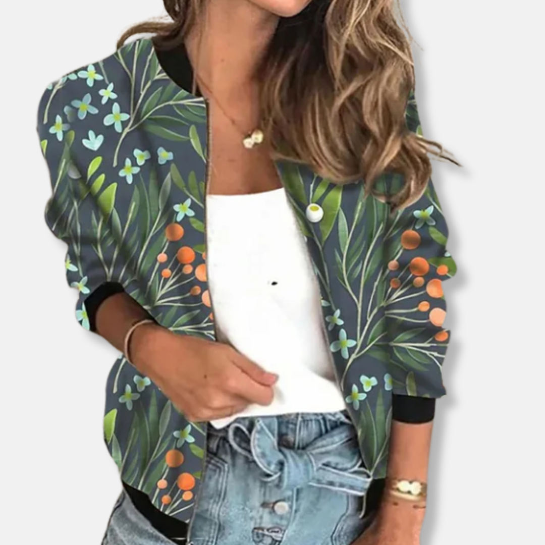 Isabella Relaxed Fit Bomber Jacket | Succulent Print Ribbed Collar Bomber Jacket