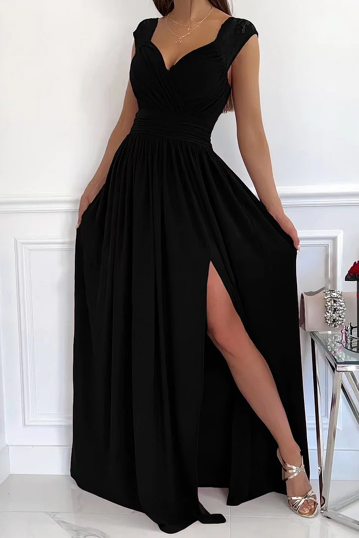 Women’s Evening Gown - Sleeveless V-Neck - Lace Shoulder Accents - High Slit Elegant Fit