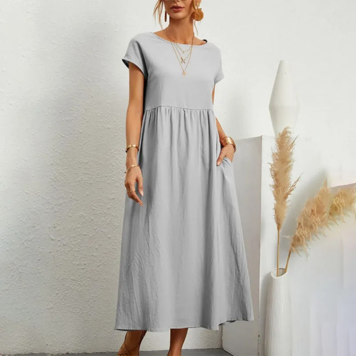 Relaxed Linen Empire Waist Maxi Dress