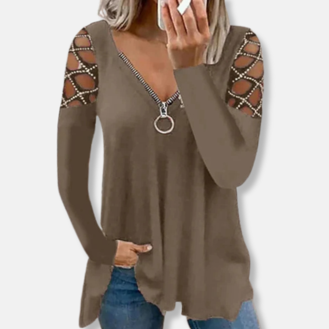 Isabella Tunic Top | V-Neck Zipper Long Sleeve Tunic Top