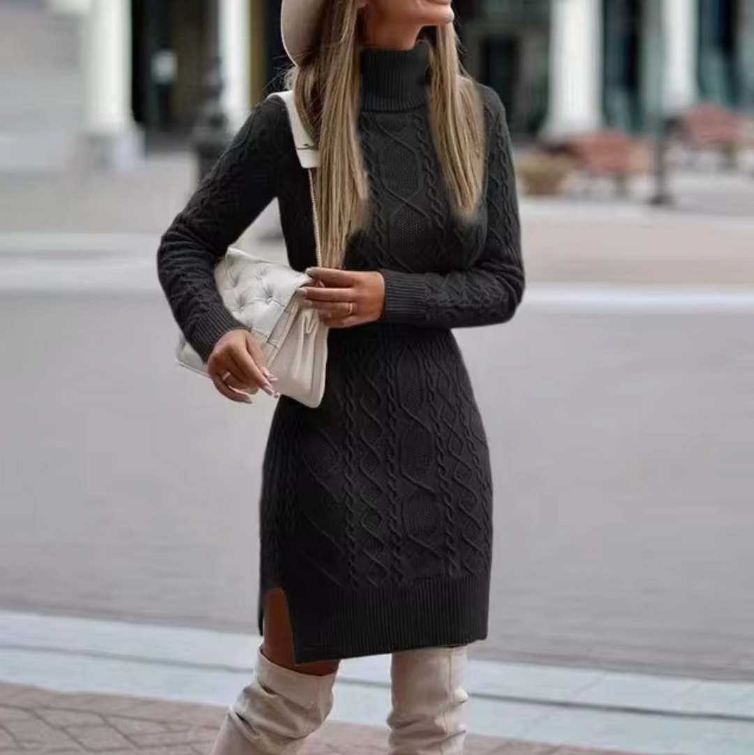 Women’s Knitted Dress – Slim Fit – Cable Knit – Turtleneck – Midi Length – Long Sleeve