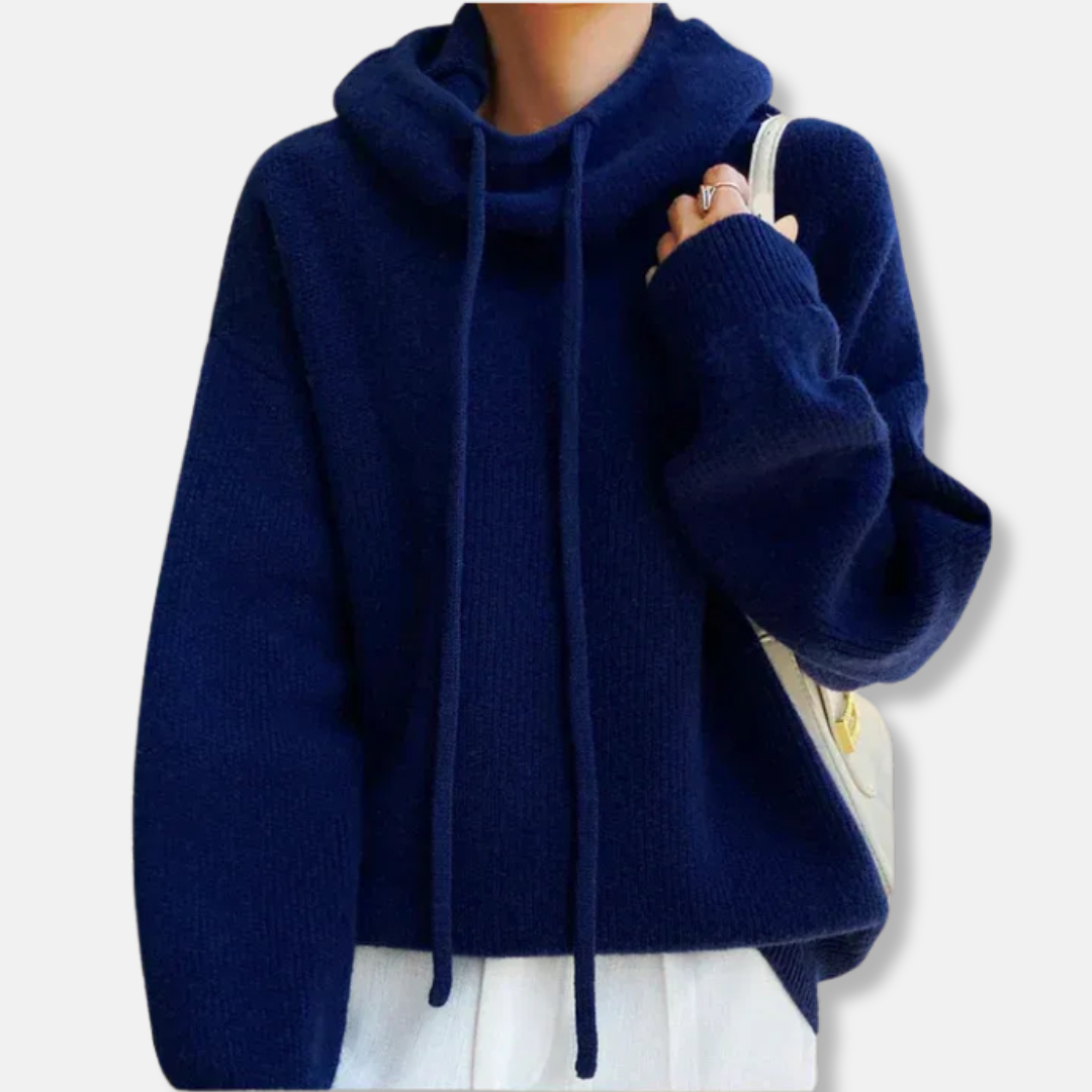Women’s Knitted Sweatshirt – Oversized Fit – Soft Plush Knit – Cowl Neck Drawstring