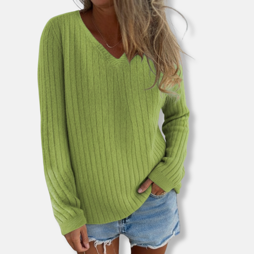 Isla Slim Fit Pullover Sweater | V-Neck Ribbed Long Sleeve Sweater