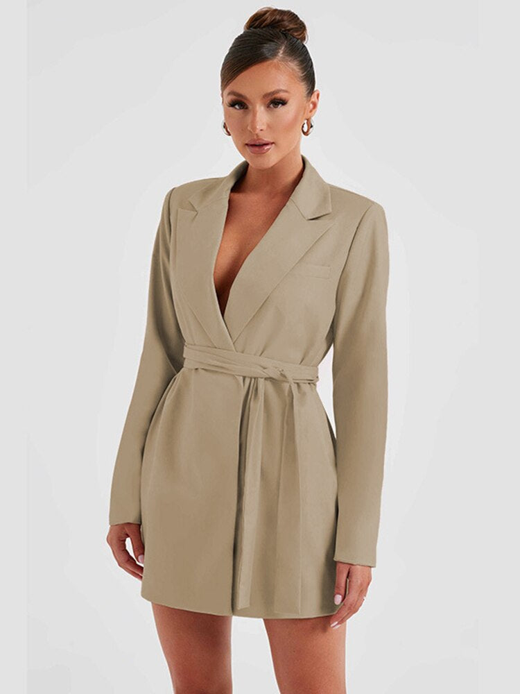 Women's Blazer Dress - V-Neck Tailored Fit - Long Sleeve with Self-Tie Belt - Short Length