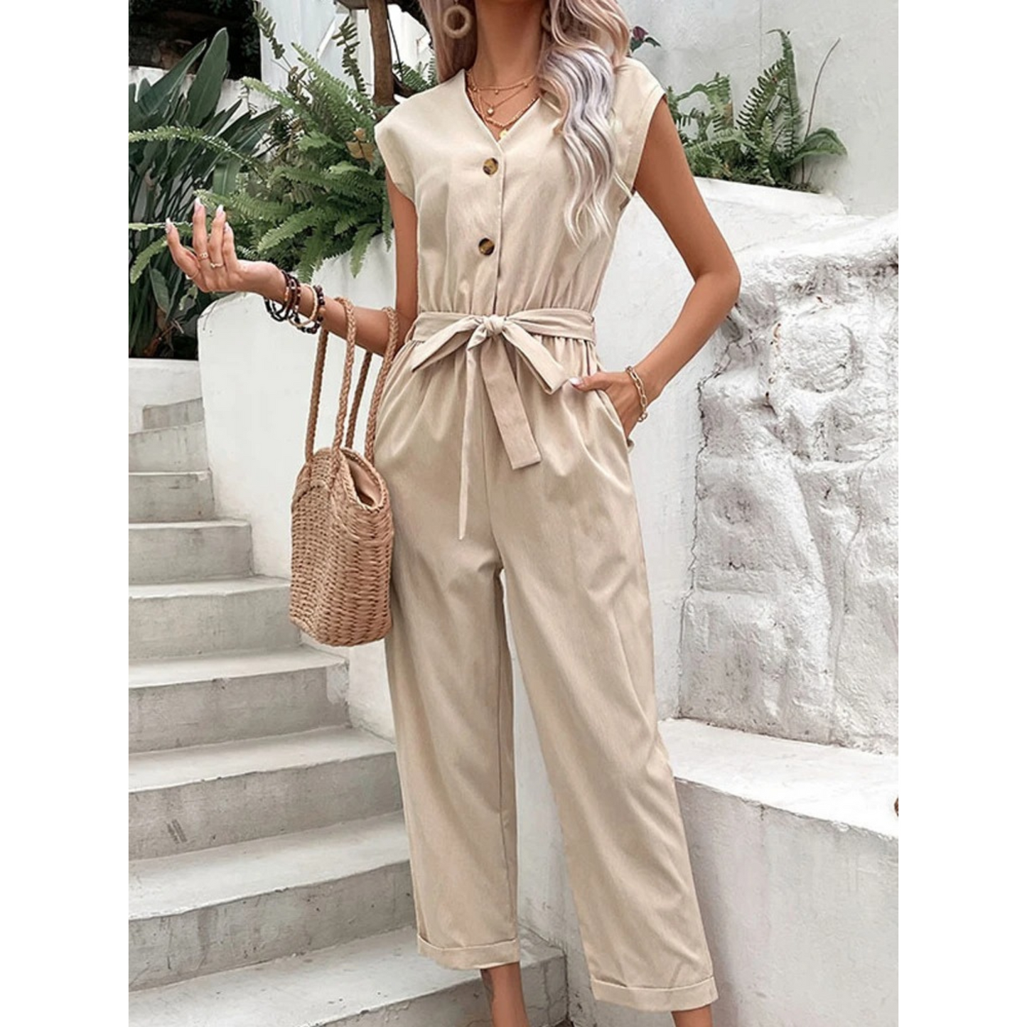 Women's Jumpsuit - V-Neck Button Front - Short Sleeve Belted Waist - Tapered Leg