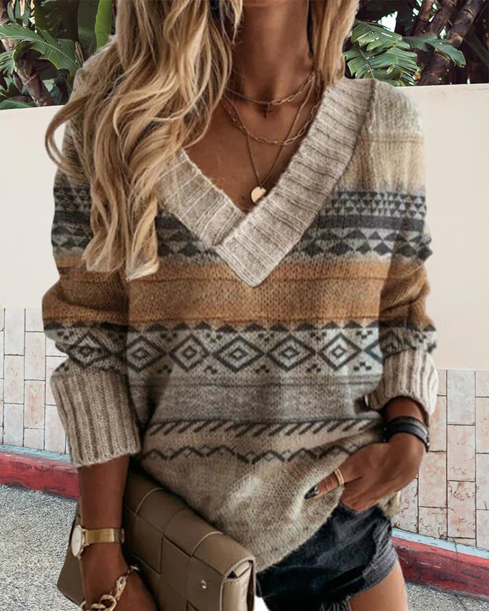 Printed V-Neck Loose Knit Pullover Sweater