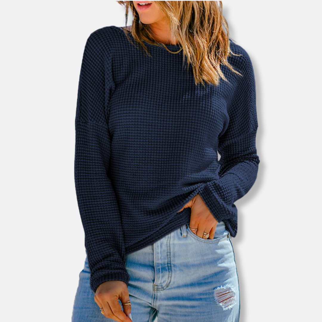 Women’s Long Sleeve Top – Waffle Knit – Relaxed Fit – Drop Shoulder – Ribbed Cuffs