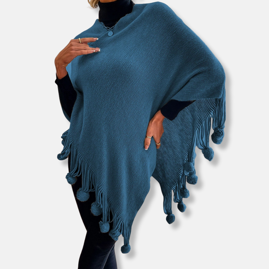 Sienna Relaxed Fit Cape | Fringe Pom-Pom Trim Cape