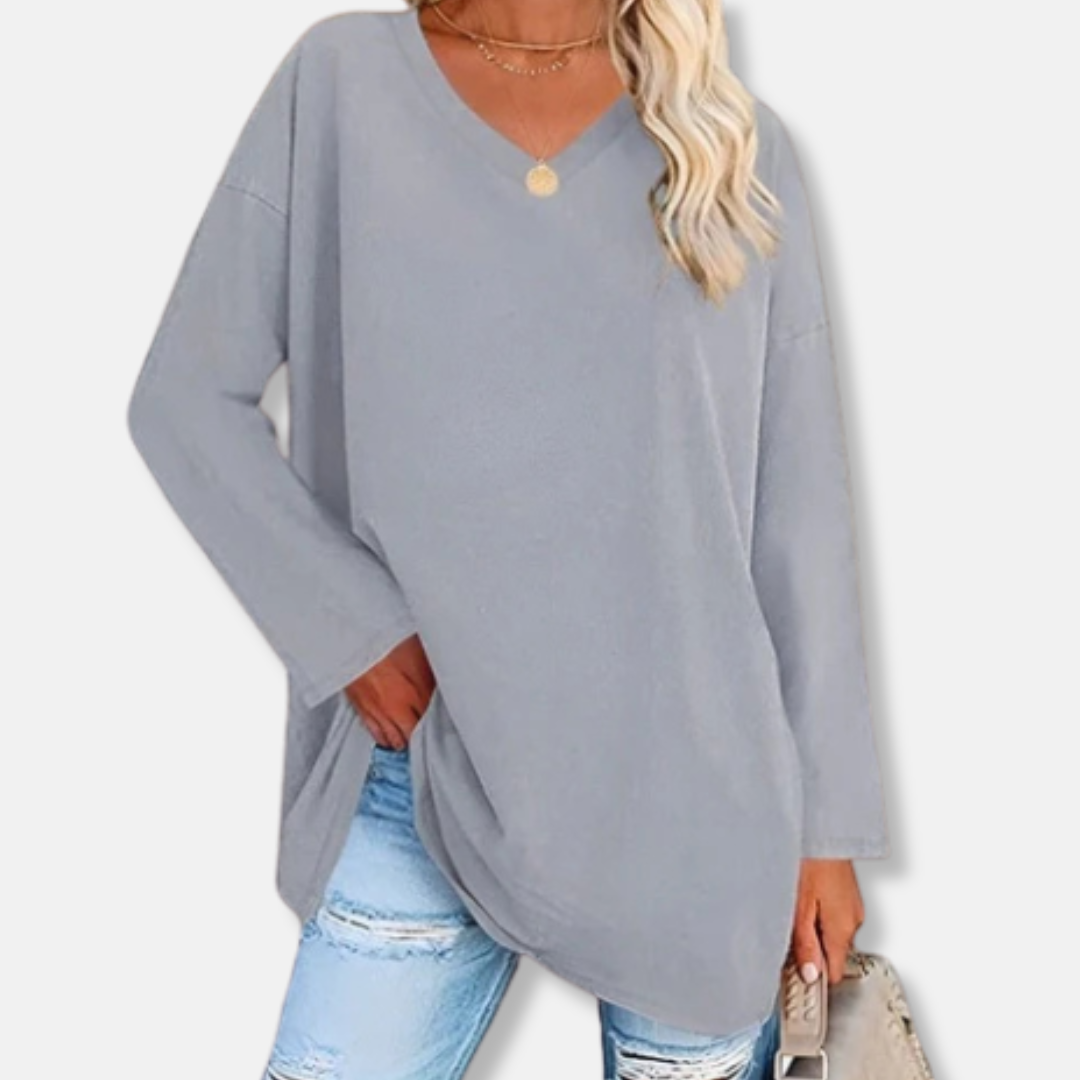 Florence Cotton Oversized V-Neck Tunic Top | Side Slits Curved Hem Tunic Top