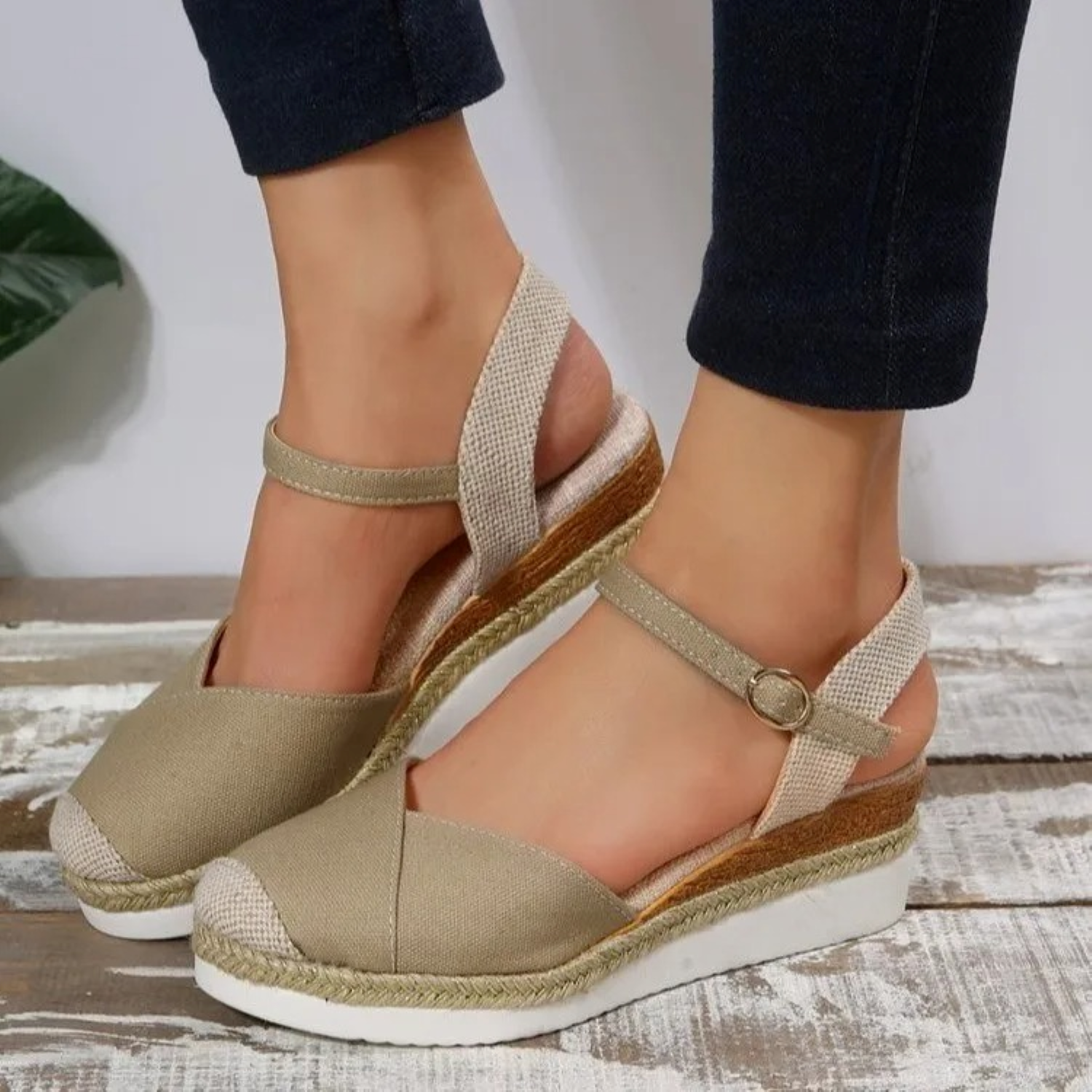 Canvas Ankle Strap Espadrille Wedge Sandals