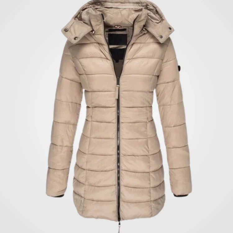 Amelia Long Puffer Jacket | Quilted Hooded Mid-Thigh Jacket