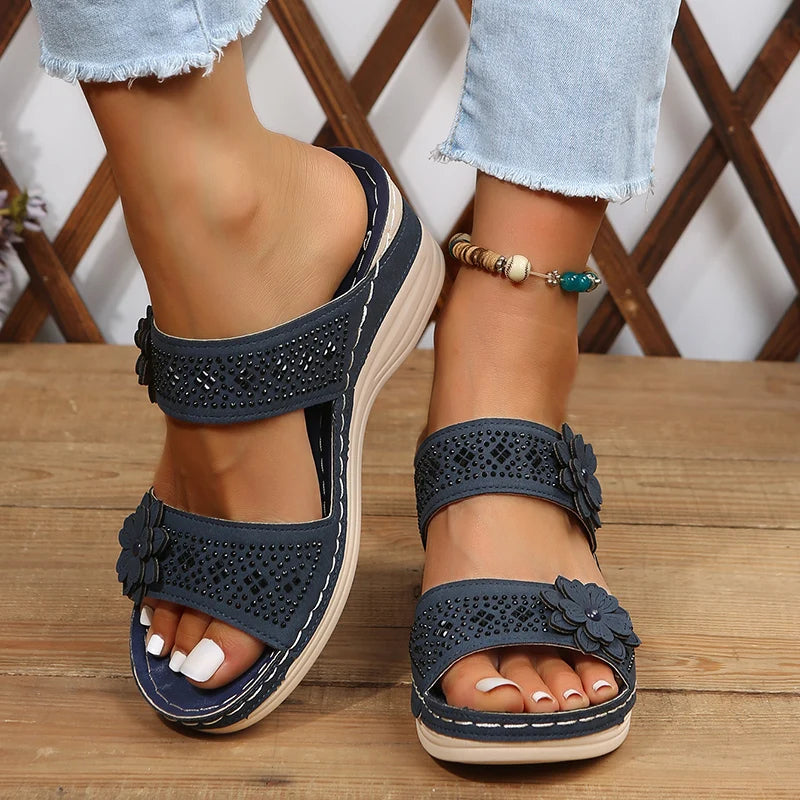 Women's Wedge Sandals - Double Strap - Floral Accents - Cushioned Sole