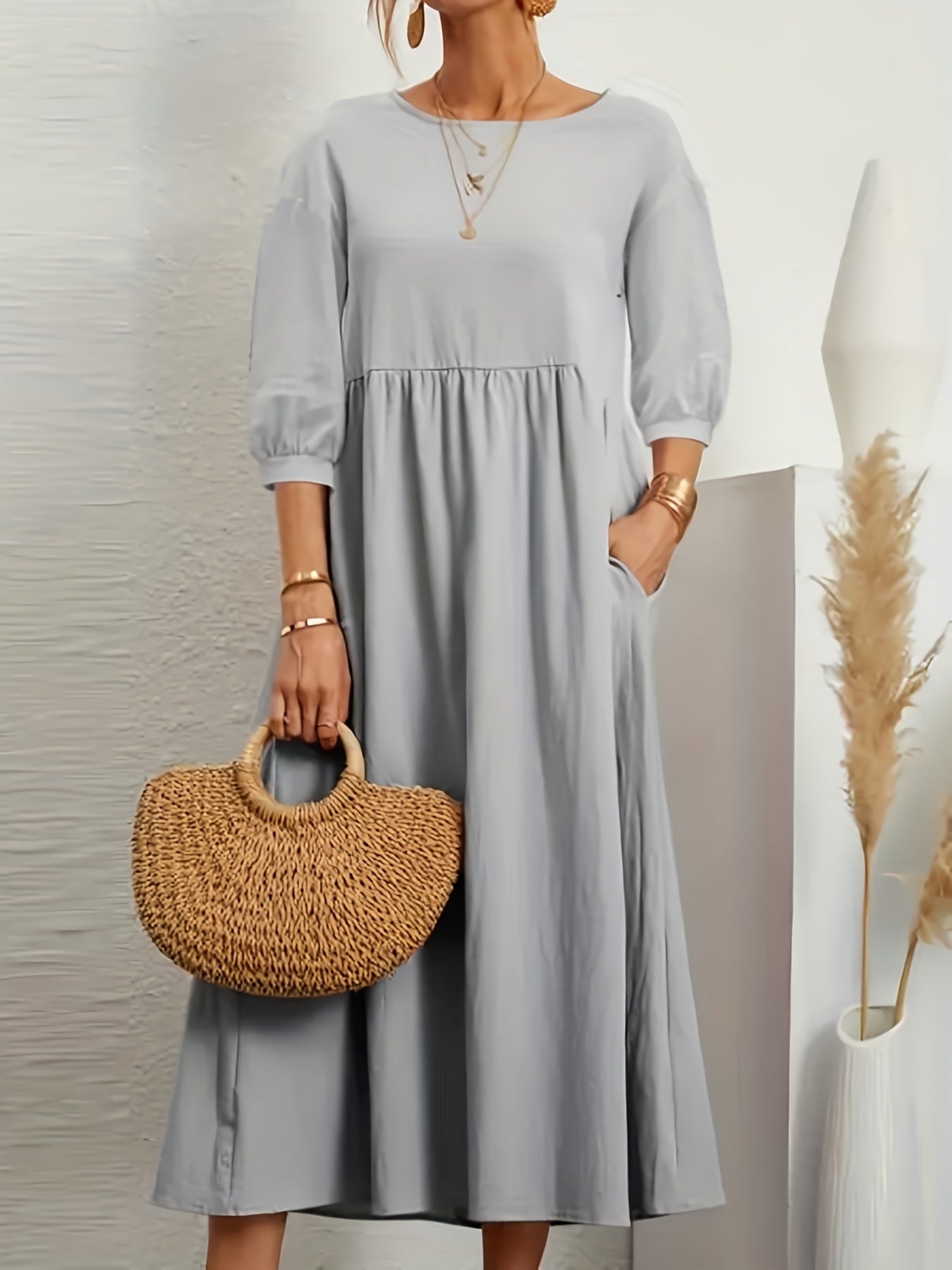 Women's Midi Dress - Empire Waist - Three-Quarter Sleeve - Elegant A-Line Fit