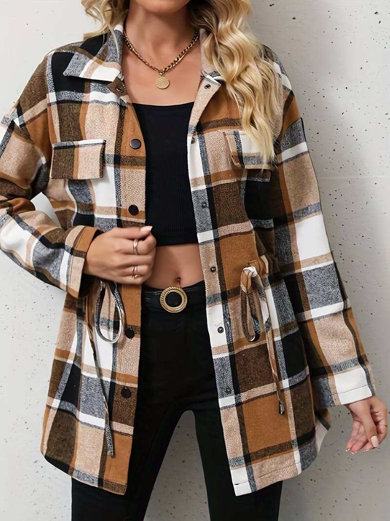 Women's Shacket - Plaid Longline - Button Down - Drawstring Waist - Casual Fit