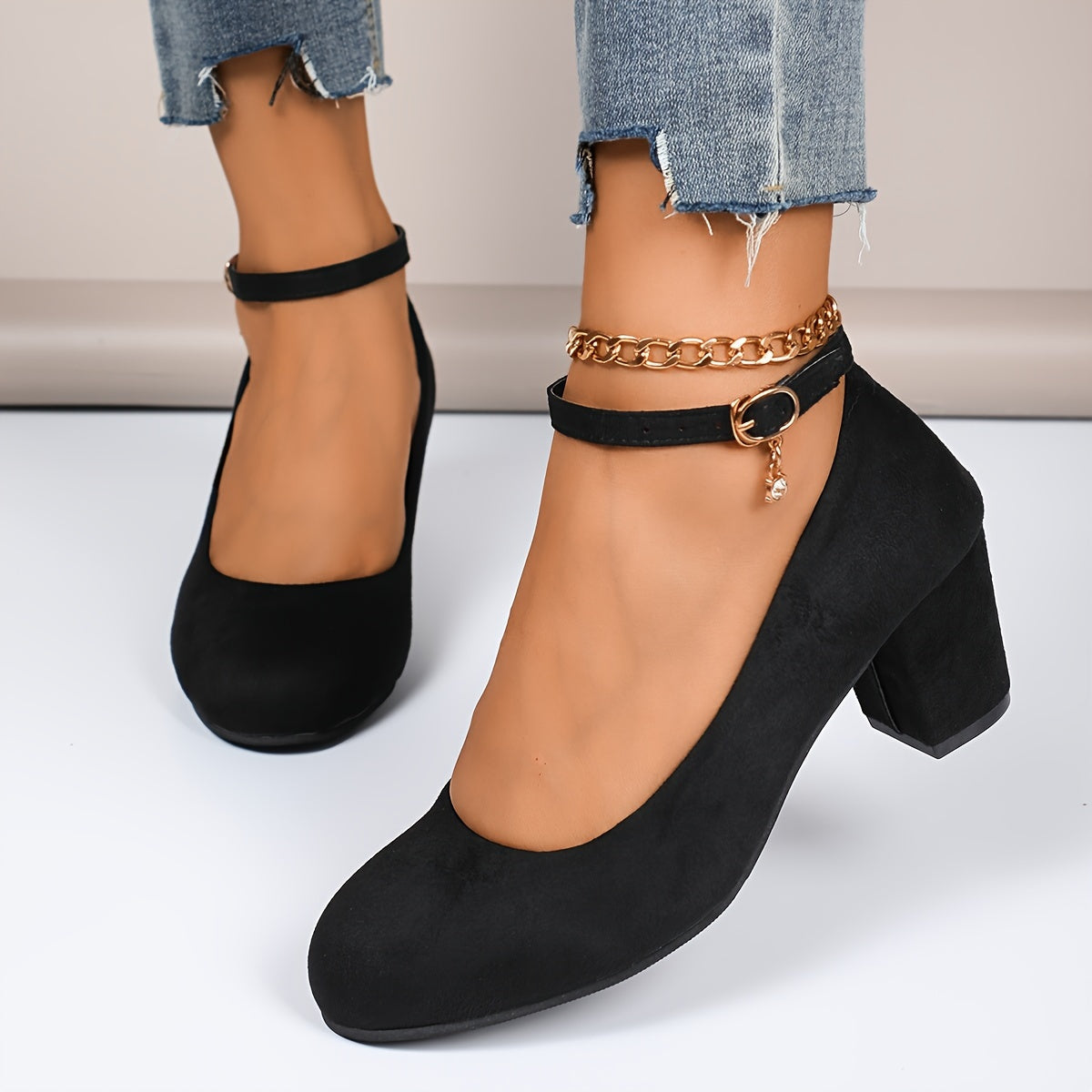 Women's Block Heel Pumps - Closed Toe - Soft-Brushed Look - Ankle Strap Buckle Closure