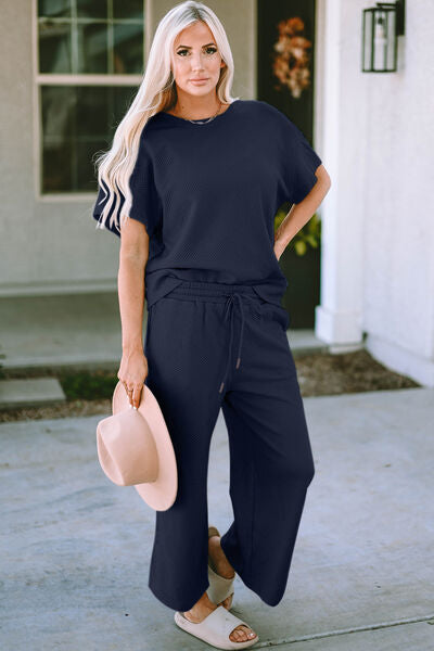 Women's double take textured short sleeve top and pants set