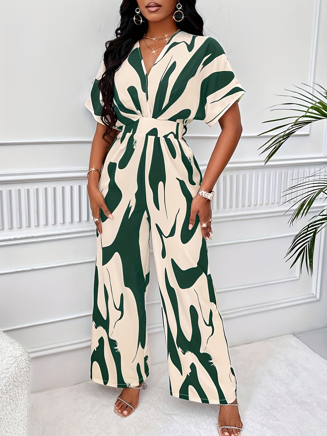 Women's Jumpsuit - V-Neck Short Sleeve - Wide Leg Flowy Fit - Stylish Abstract Print