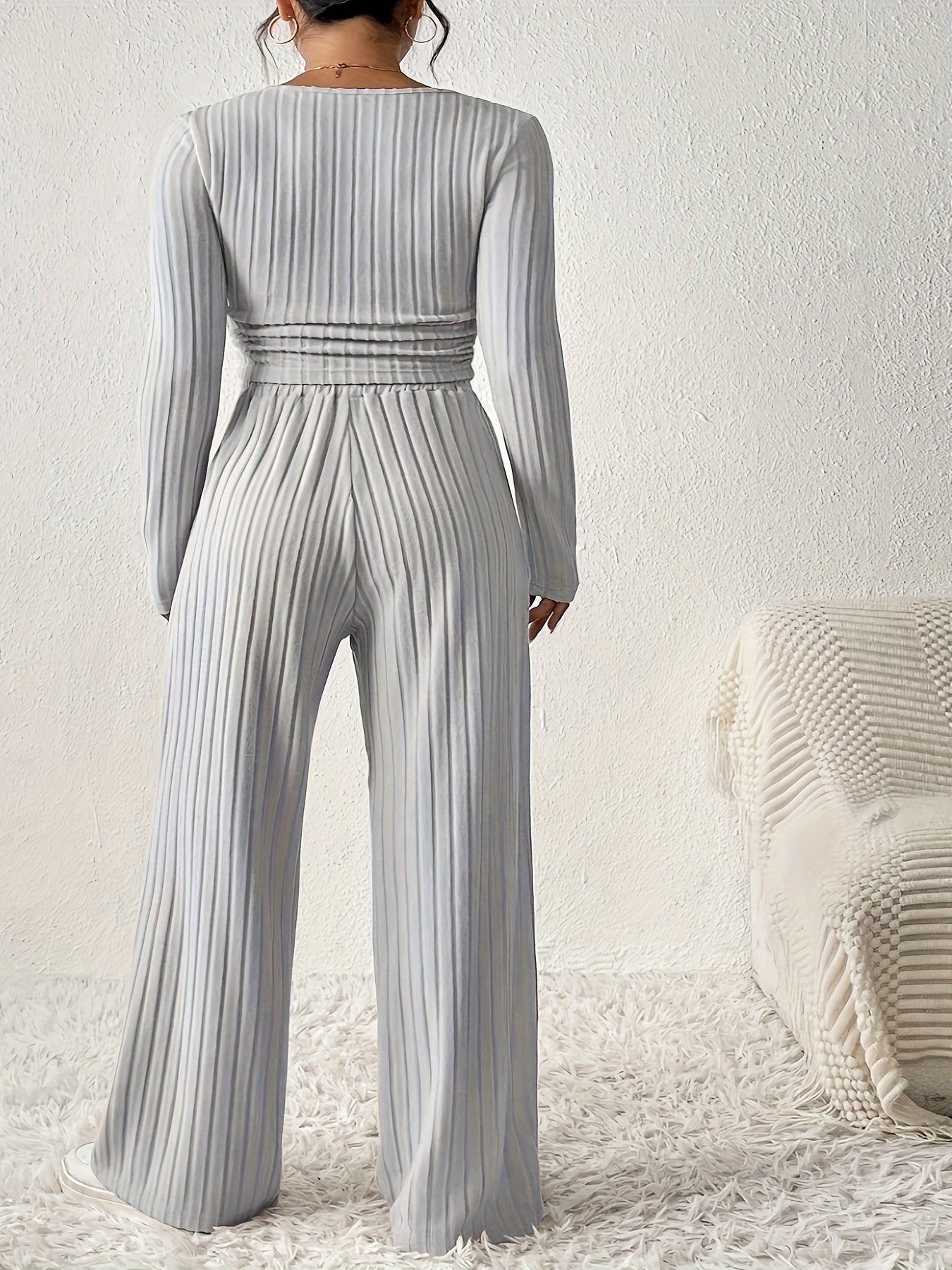 Two-piece ribbed crop top and wide-leg pants lounge set for women