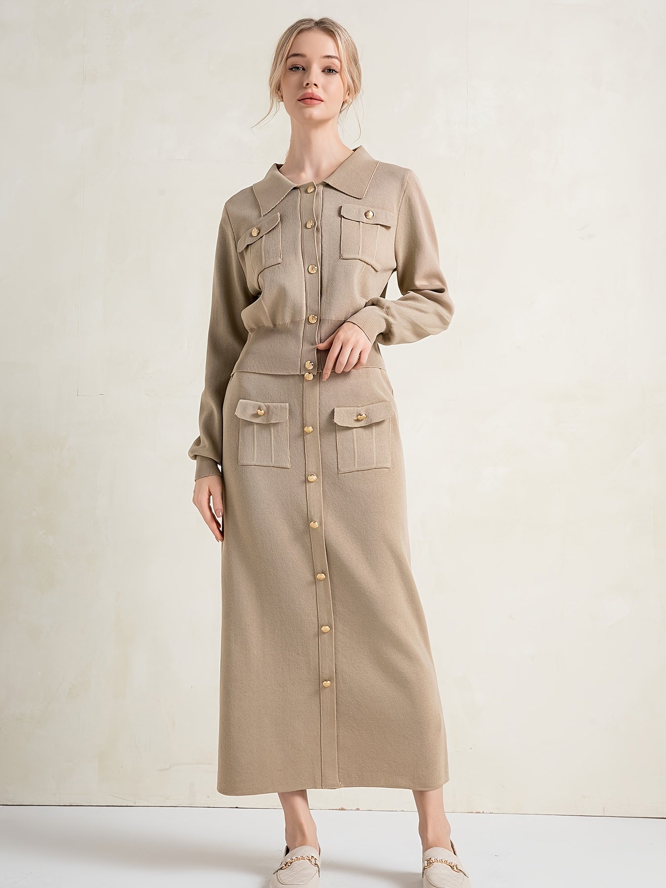Two-piece collared button-up sweater and skirt set for women