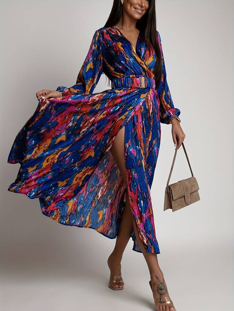 Women's Wrap Dress - V-Neck Long Sleeve - Fitted Waist High Slit Flowy Skirt