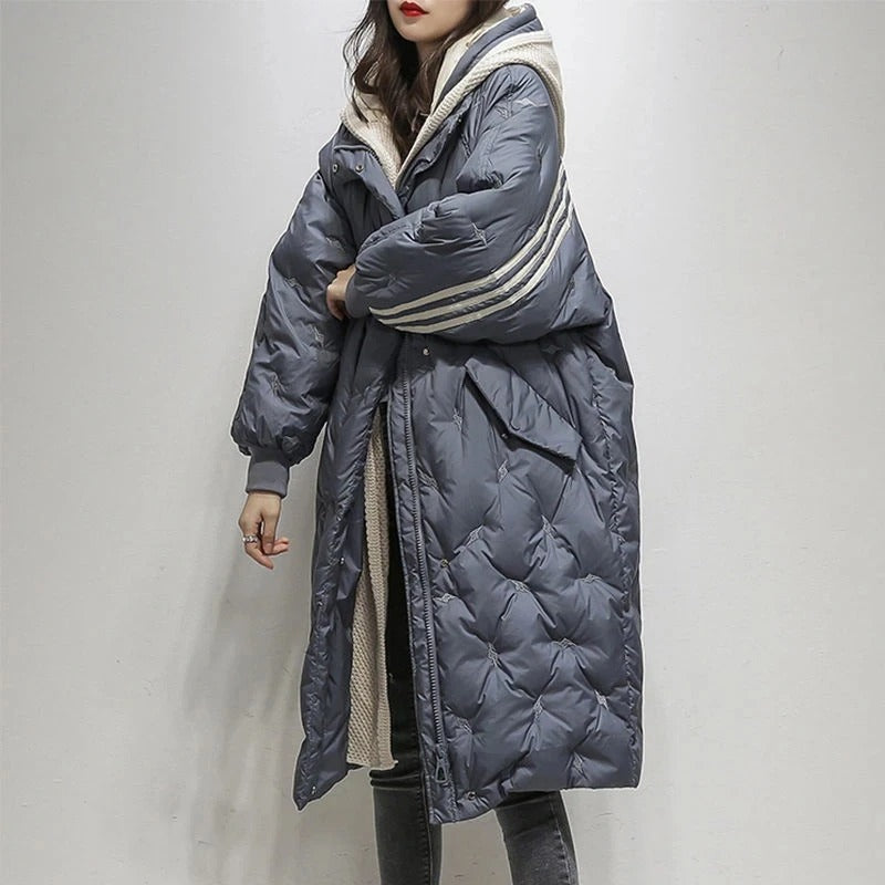 Women's Long Puffer Coat - Hooded Quilted Design - Mid-Calf Length - Down Insulated