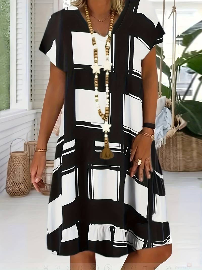 Women's Midi Dress - Loose Fit - V-Neck Short Sleeve - Geometric Pattern - Ruffle Hem