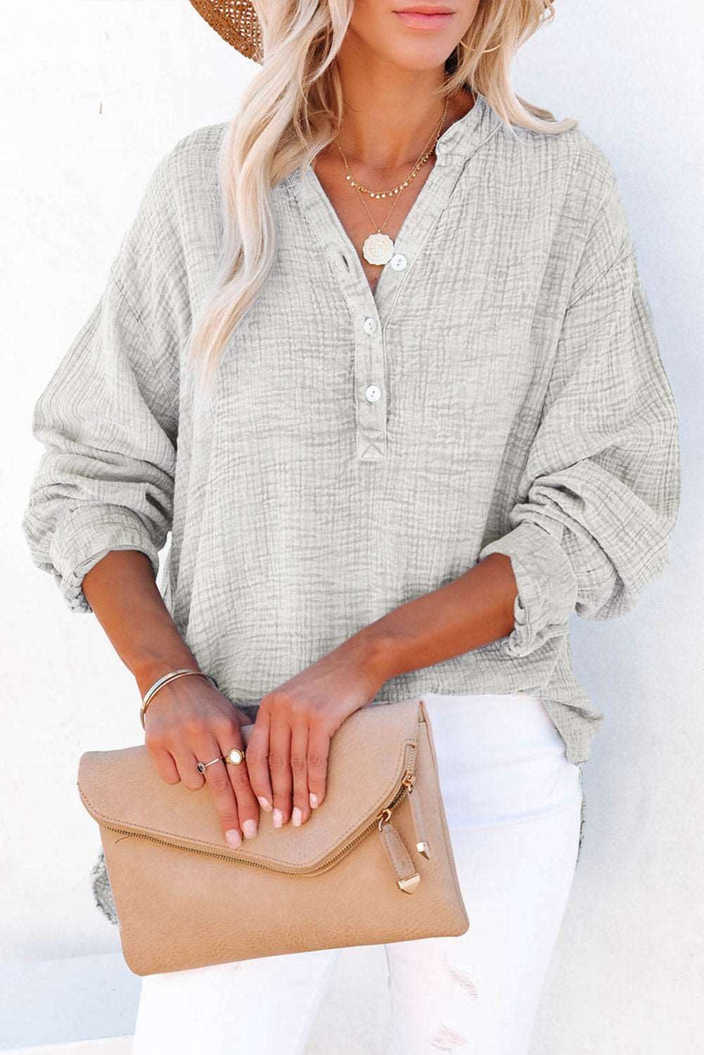 Women's Button-Up Blouse - V-Neck Loose Fit - Long Sleeve Casual Wear