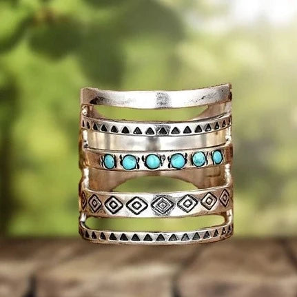 Geometric Stone Inlay Wide Cuff Ring