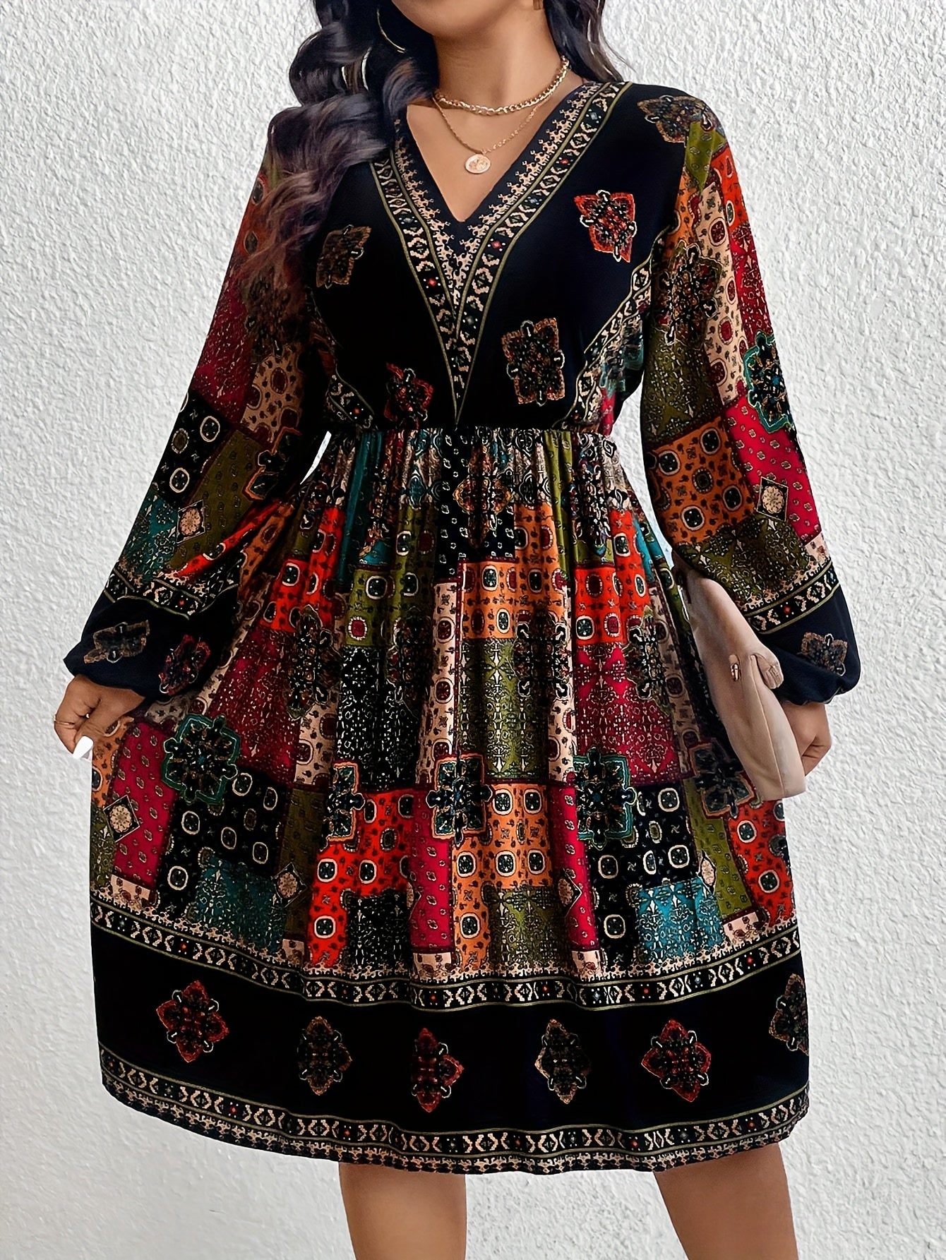 Women's Boho Midi Dress - V-Neck Patchwork Print - Long Sleeve Flowy Fit