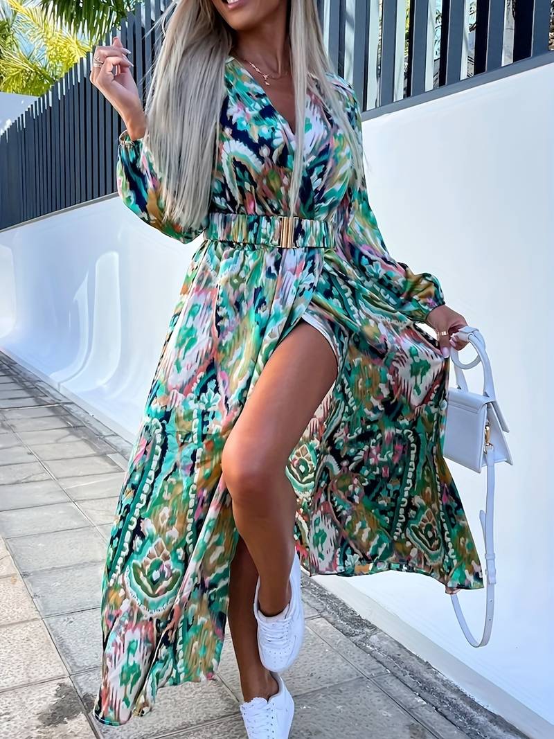 Women's Wrap Dress - V-Neck Long Sleeve - Fitted Waist High Slit Flowy Skirt