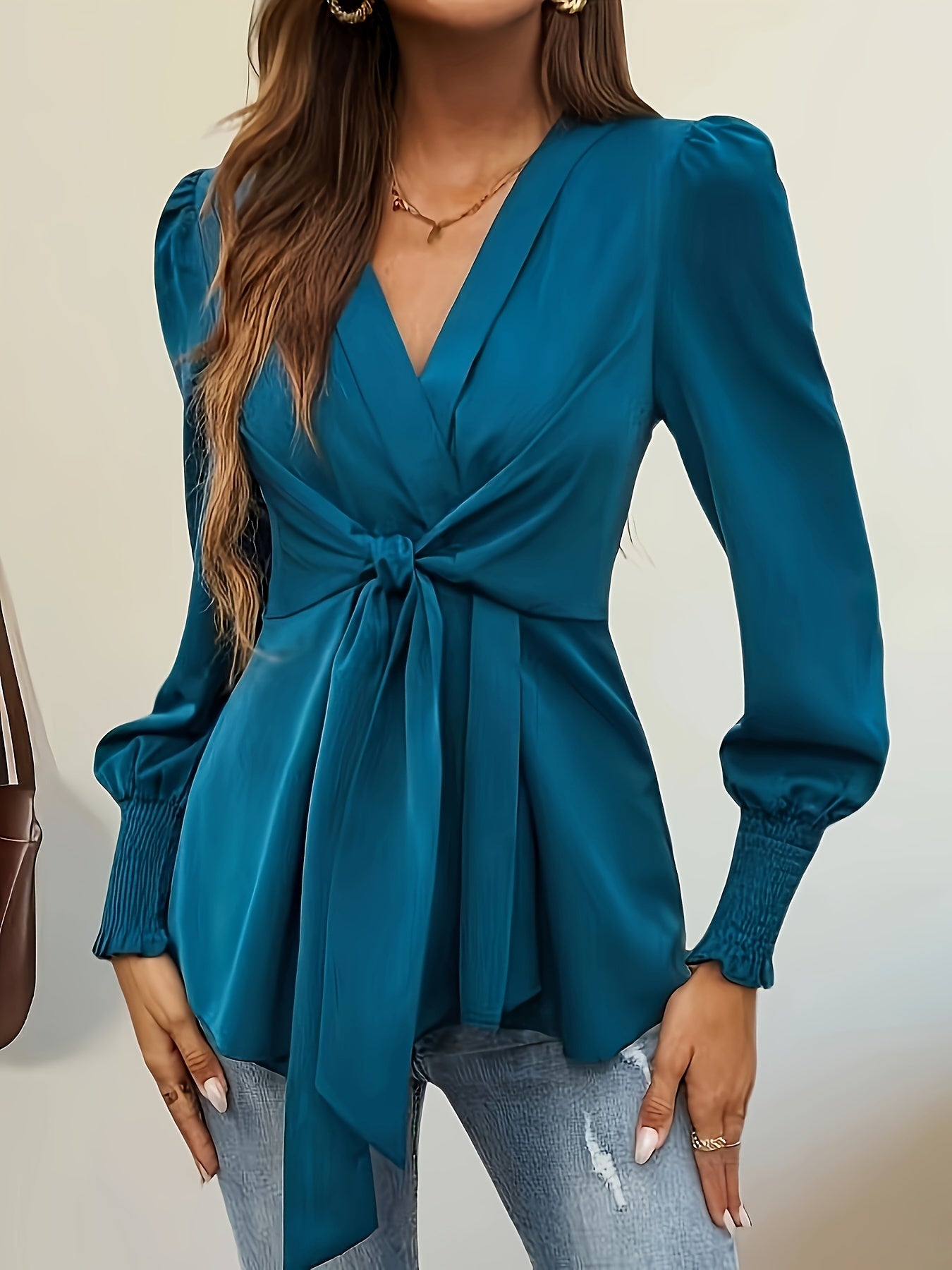 Women's Wrap Blouse - V-Neck - Long Puff Sleeves - Smocked Cuffs - Tie Waist