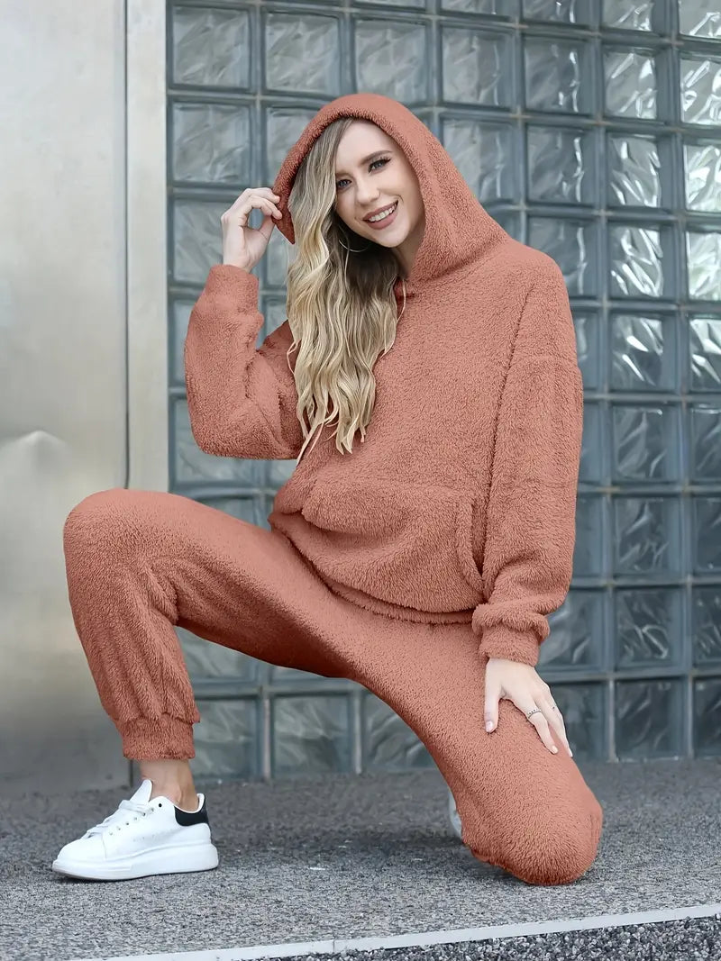 Women's autumn winter solid color hooded comfortable coat with pocket and casual pants