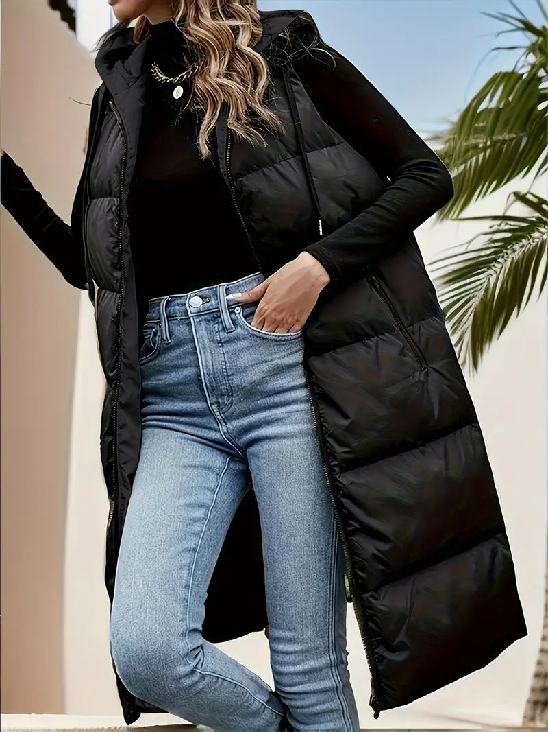 Women's zippered hooded jacket with drawstring and slant pockets