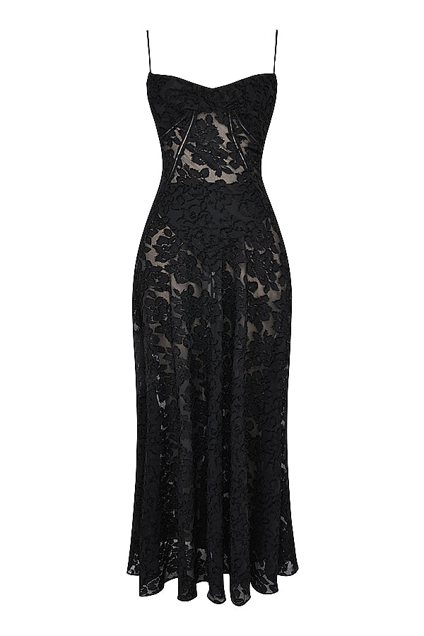 Women's Evening Gown - Floral Sheer Overlay - Spaghetti Straps - Sweetheart Neckline