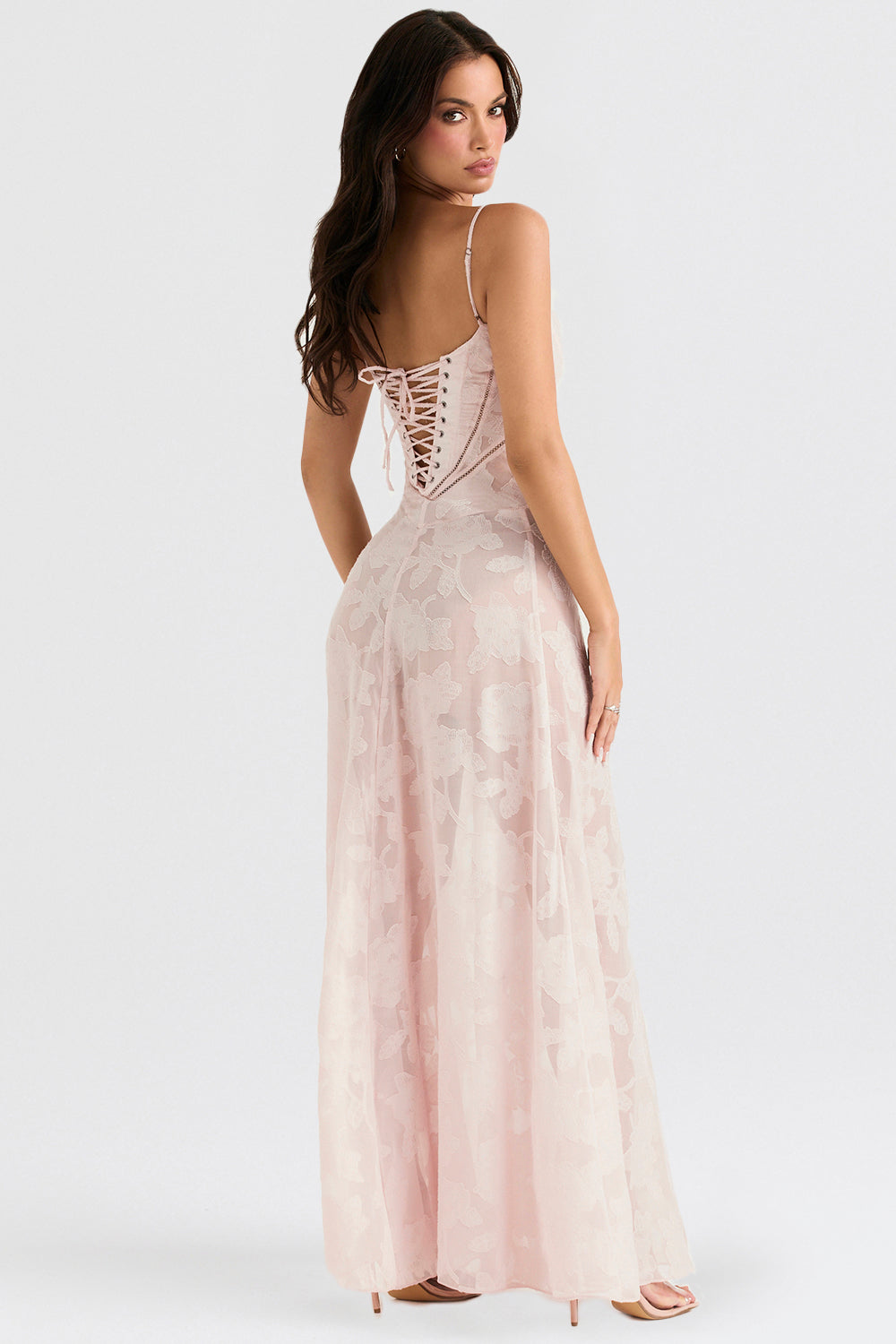 Women's Evening Gown - Floral Sheer Overlay - Spaghetti Straps - Sweetheart Neckline