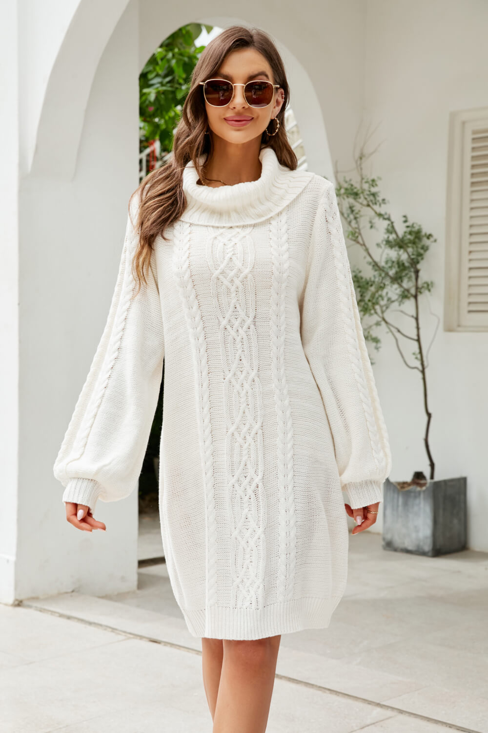 Women's Sweater Dress - Chunky Knit - Cable Pattern - Cowl Neck - Oversized Fit
