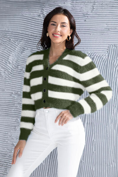 Women's striped cropped button-up cardigan