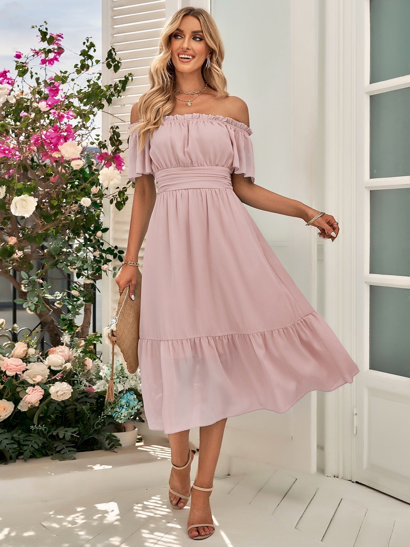 Women's Off-Shoulder Dress - Cinched Waist - Ruffled Hem - Lightweight Elegant Fit