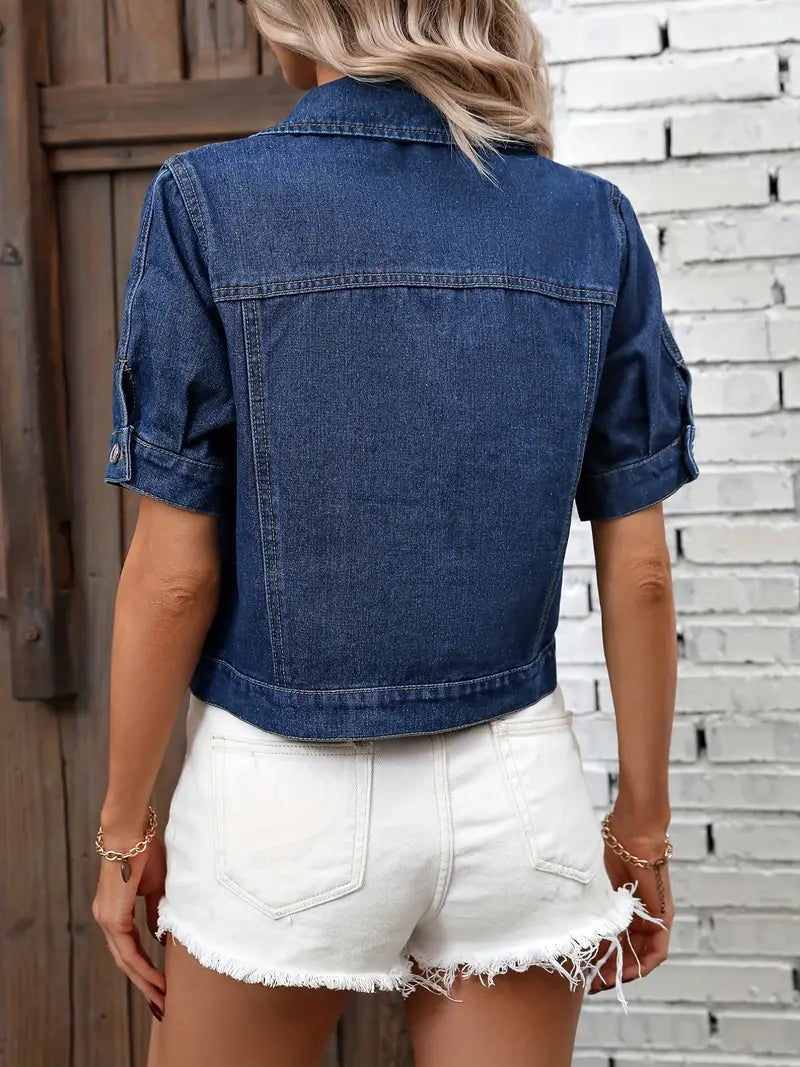 Women’s Denim Jacket - Cropped Fit - Short Sleeve - Button Front - Chest Flap Pockets
