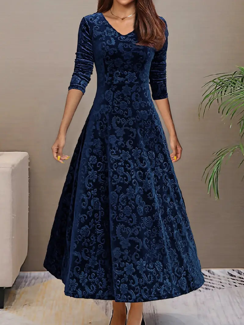 Women's Evening Dress - Velvet A-Line - V-Neck - Three-Quarter Sleeve - Maxi Length