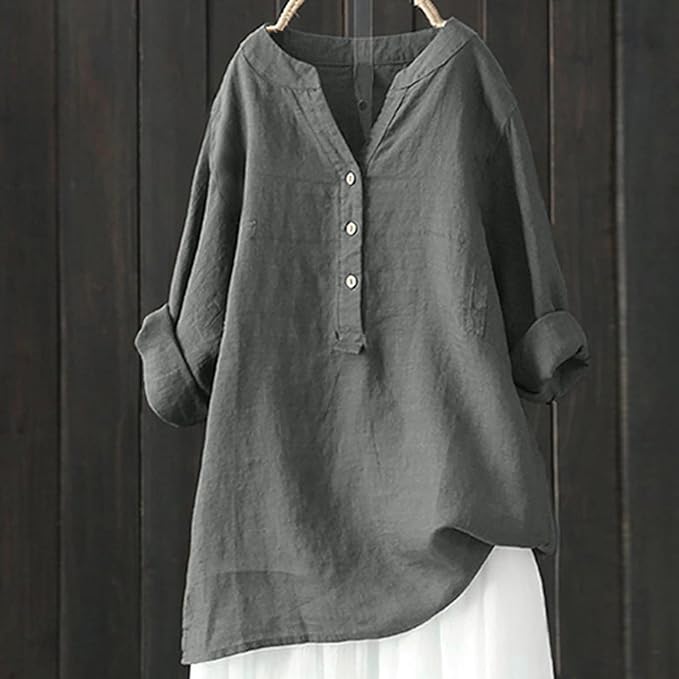 Women's loose solid stand collar button long sleeve shirt