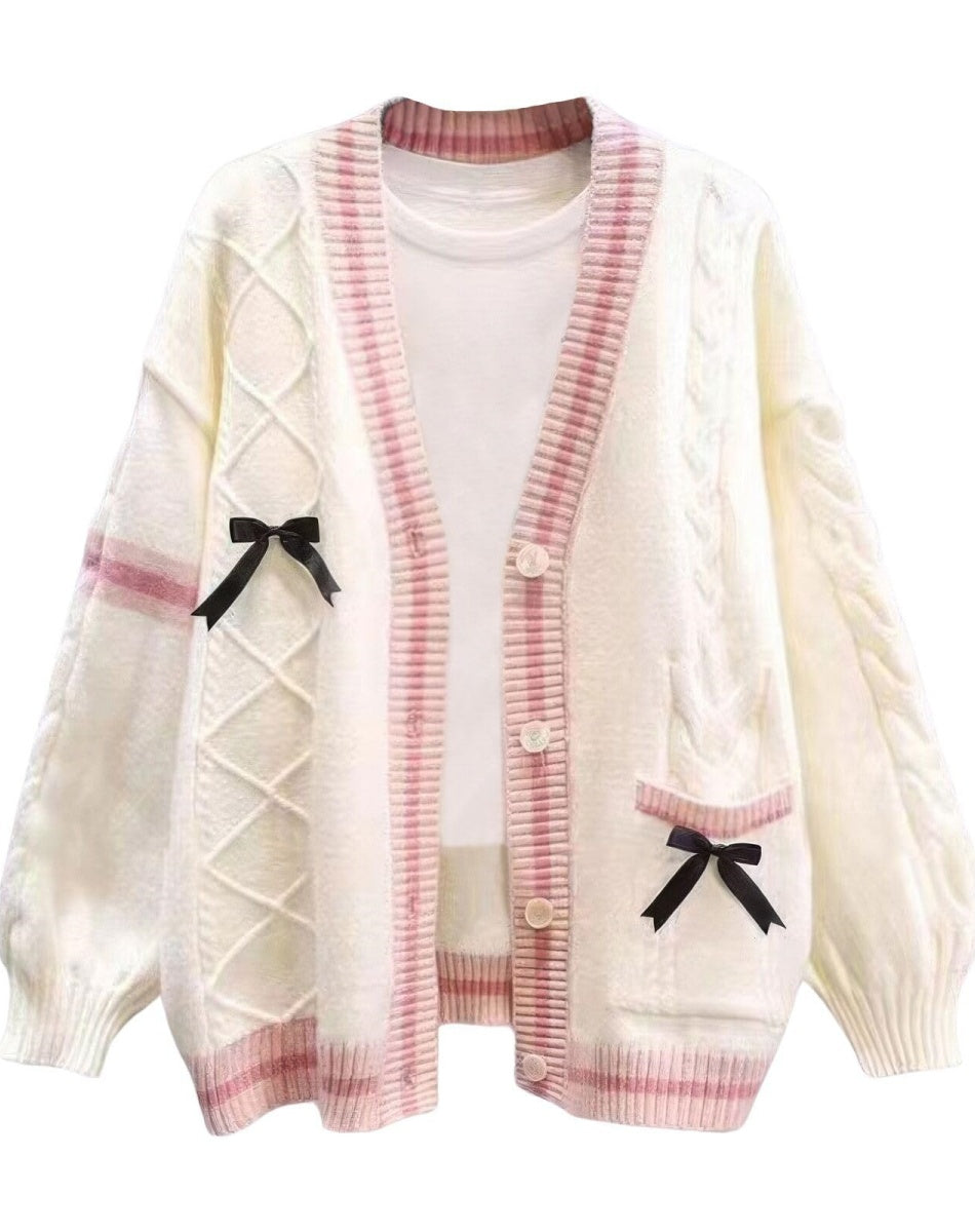 Women’s Cardigan – Relaxed Fit – Soft Knit – Cable Knit – Button Front – Bows