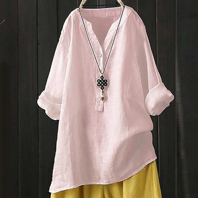 Women's loose solid stand collar button long sleeve shirt