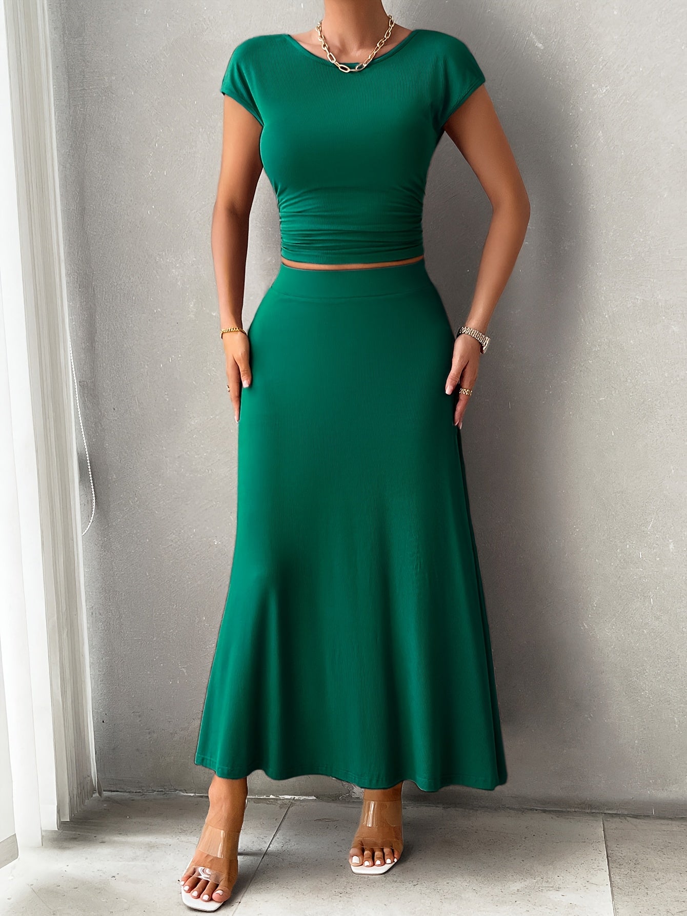 Women's A-Line Dress - Ribbed Knit - Fitted Bodice - Cap Sleeve Elegant Style