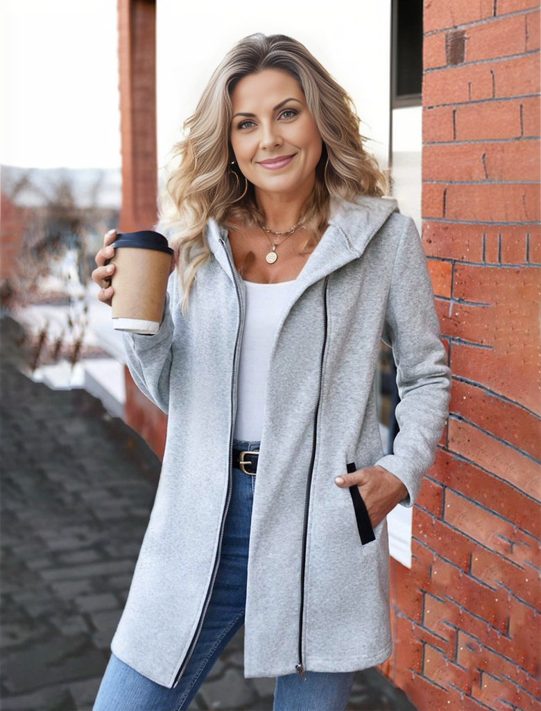 Hooded asymmetrical zip-up coat for women