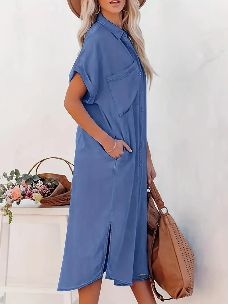 Relaxed Fit Button-Up Midi Shirt Dress