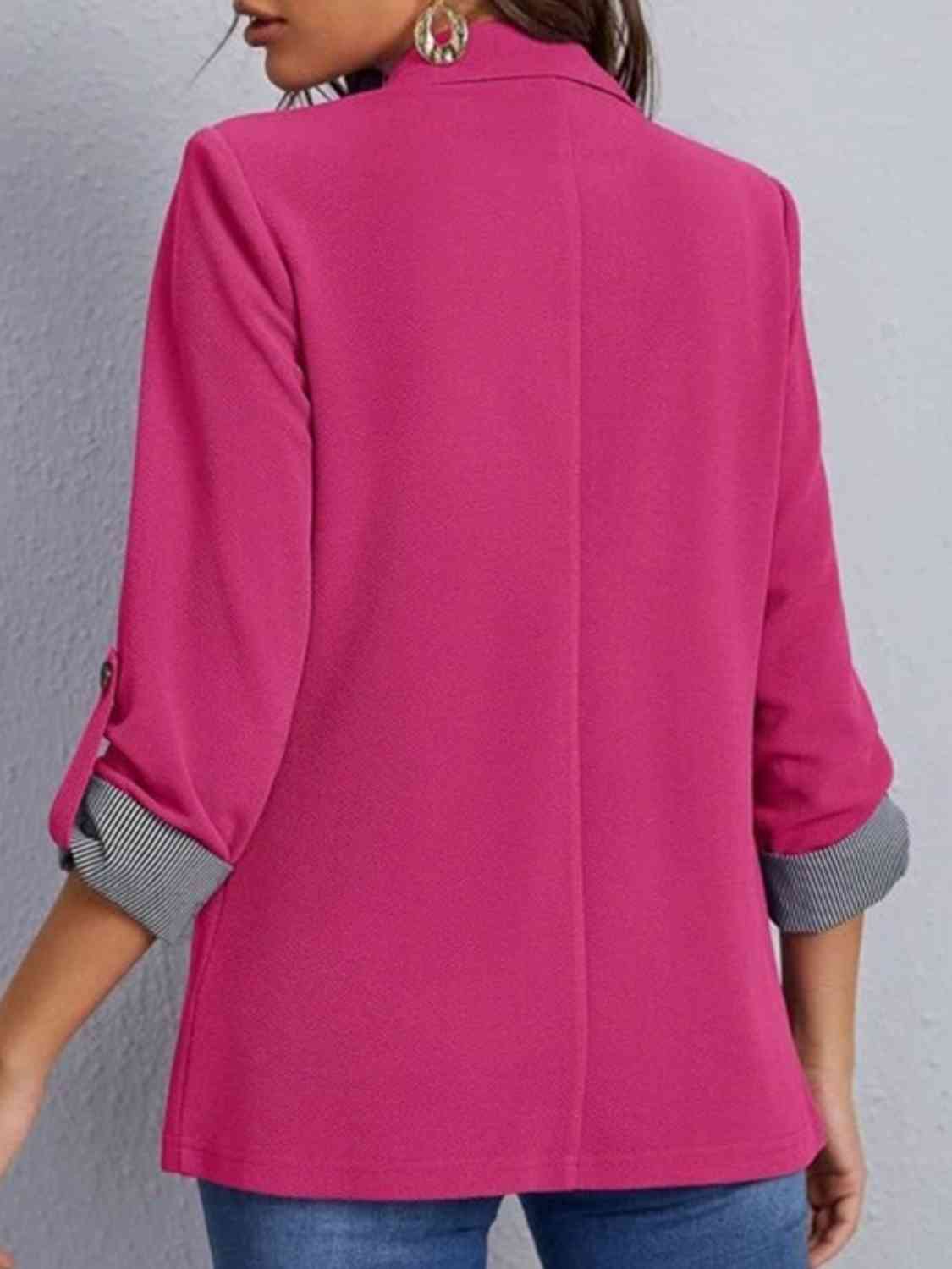 Women's Tailored Blazer - Notched Lapel - Three-Quarter Roll-Tab Sleeves - Open Front