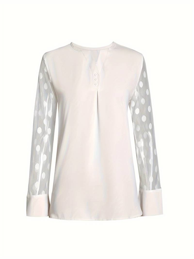 Women's Blouse - Sheer Polka Dot Sleeves - Round Neck - Relaxed Fit Stylish Wear