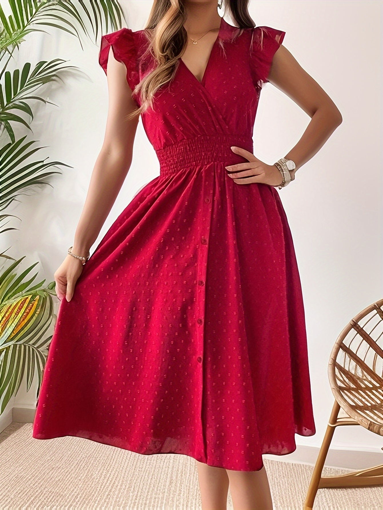 Shirred Waist Flowy A-Line Midi Dress